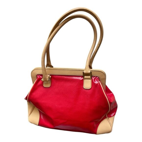 Trina Turk Red Tan Leather Canvas Tote Bag Top Preppy Casual Classic - Picture 3 of 16